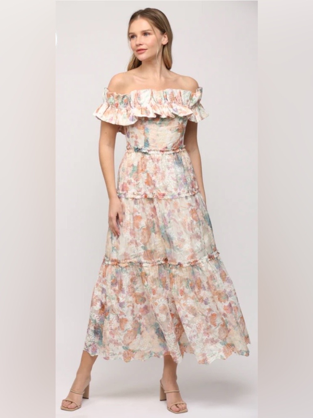 NWT Fate Cream Multi Off Shoulder Tiered Maxi Dress dreamy floral ruffle Small